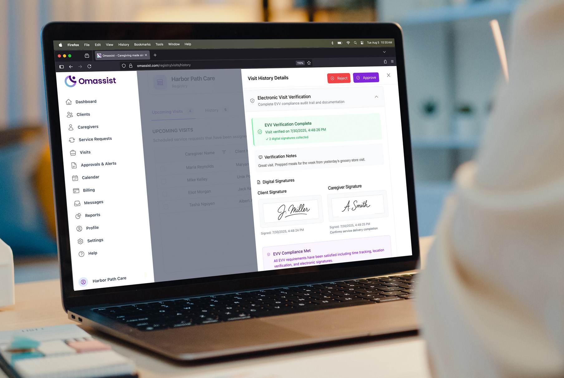 Caregiver using a mobile app for visit verification