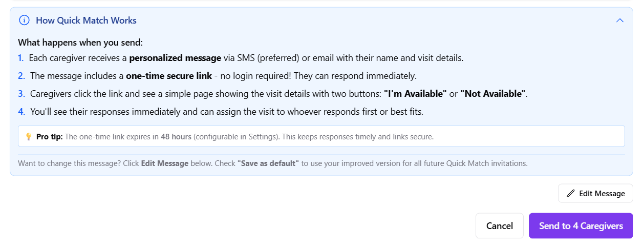 Quick Match invitations sent to caregivers with magic link responses