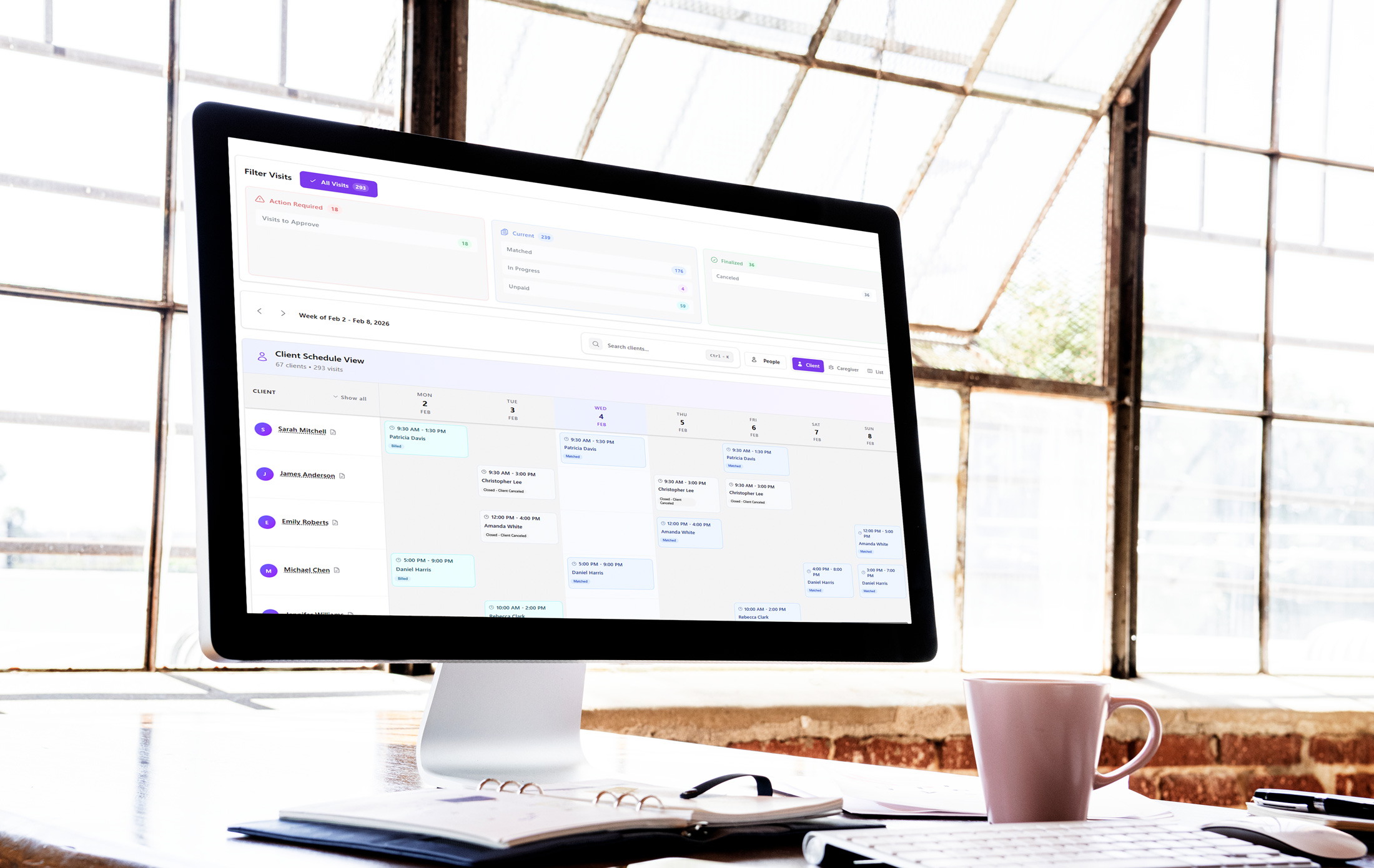 Client request detail view with status, notes, and history in Omassist